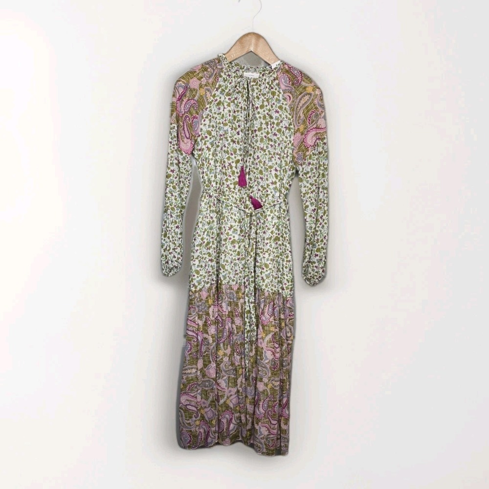 A Loves A Boho Floral Paisley Midi Dress Tassel Tie Long Sleeve Sz S Cottagecore
